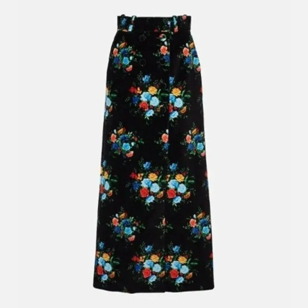 Paco‎ Rabanne Jupe Floral Cotton Blend Maxi Skirt Velvet Black Size 38 / 6 US